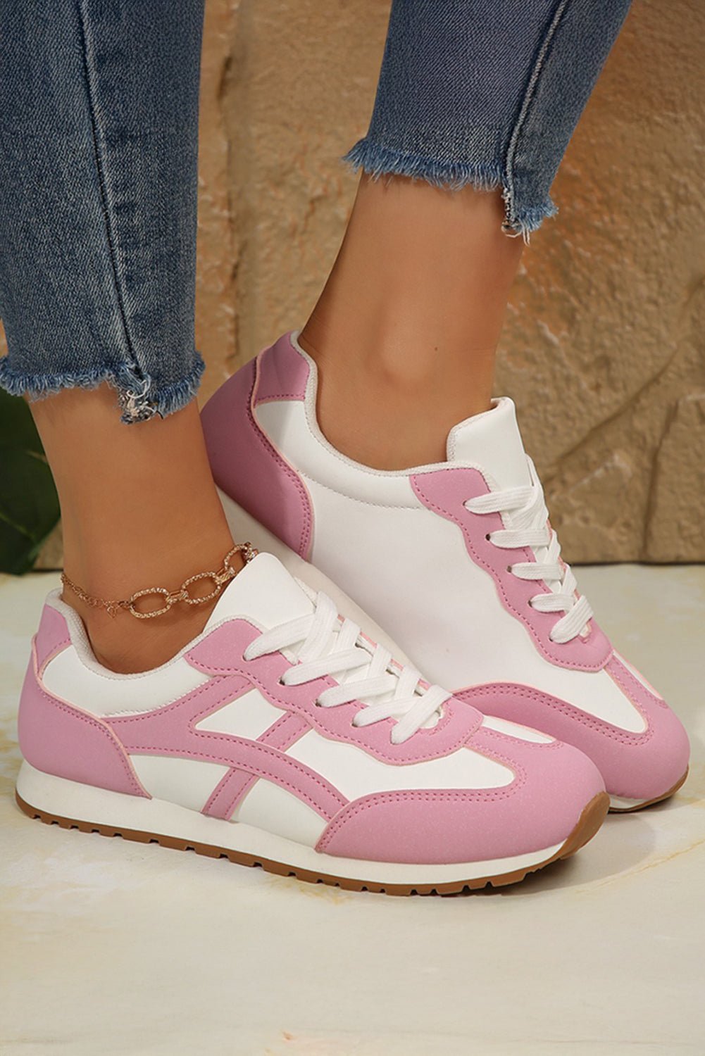 Pink Contrast Lace Up Round Toe Sneakers - MAD RUFFI