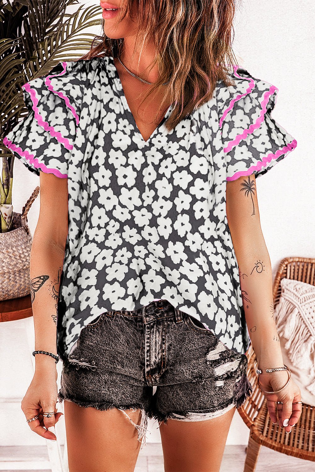 Pink Contrast Ric Rac Layered Ruffle Sleeve Floral Blouse - MAD RUFFI