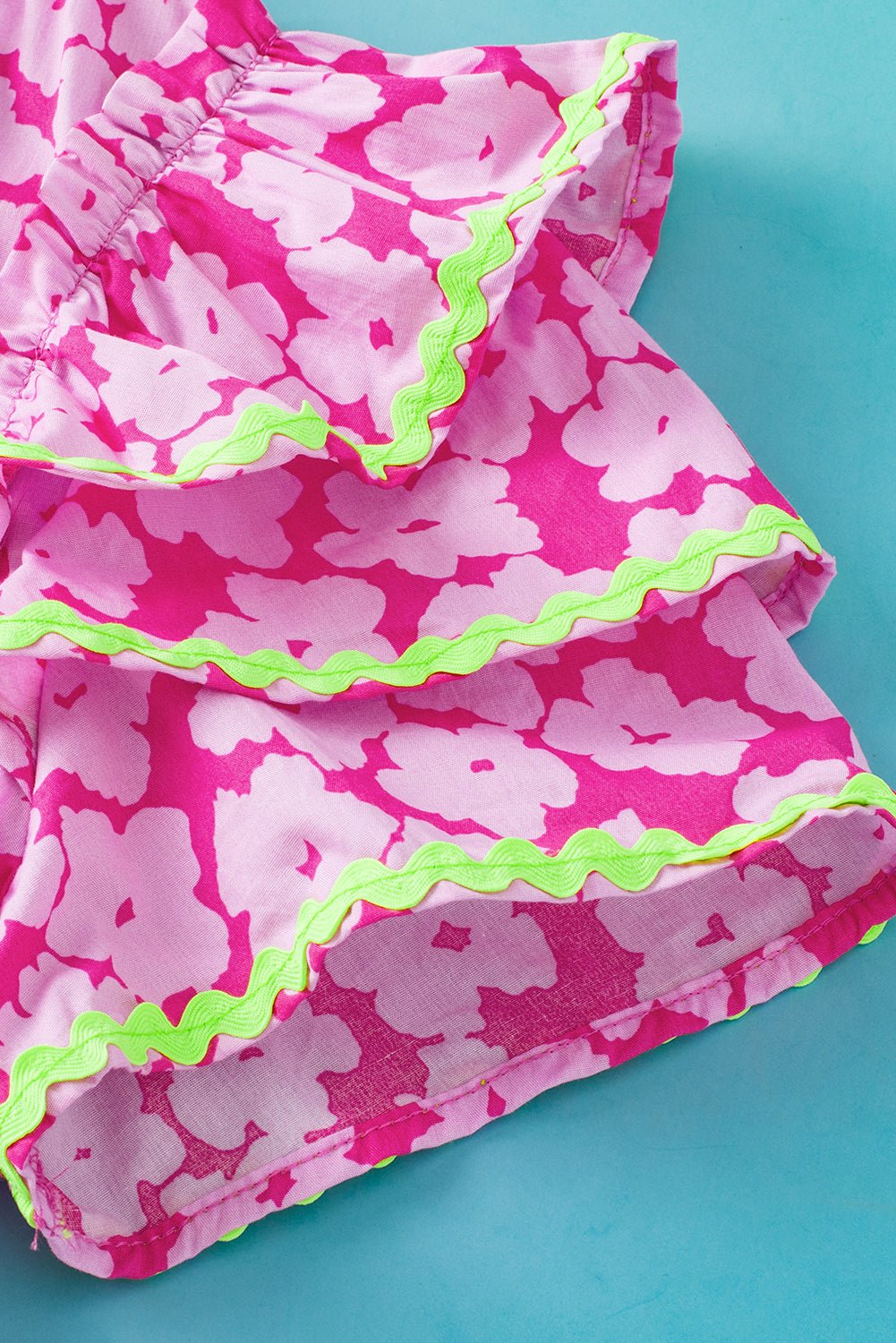 Pink Contrast Ric Rac Layered Ruffle Sleeve Floral Blouse - MAD RUFFI