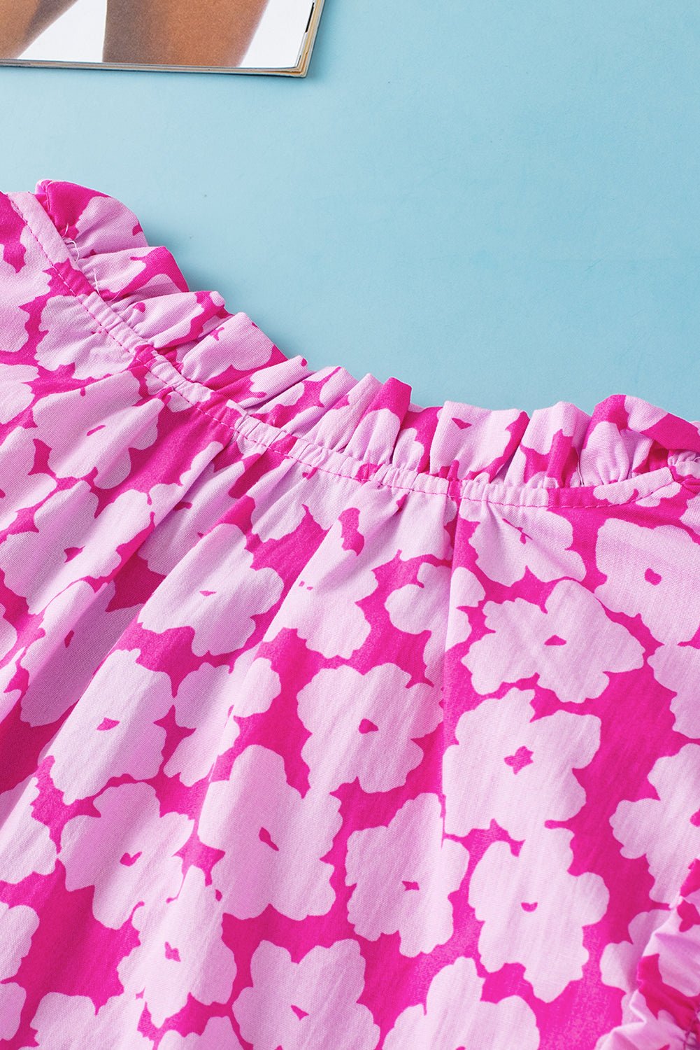 Pink Contrast Ric Rac Layered Ruffle Sleeve Floral Blouse - MAD RUFFI