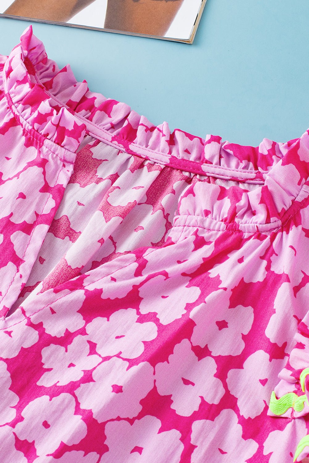 Pink Contrast Ric Rac Layered Ruffle Sleeve Floral Blouse - MAD RUFFI