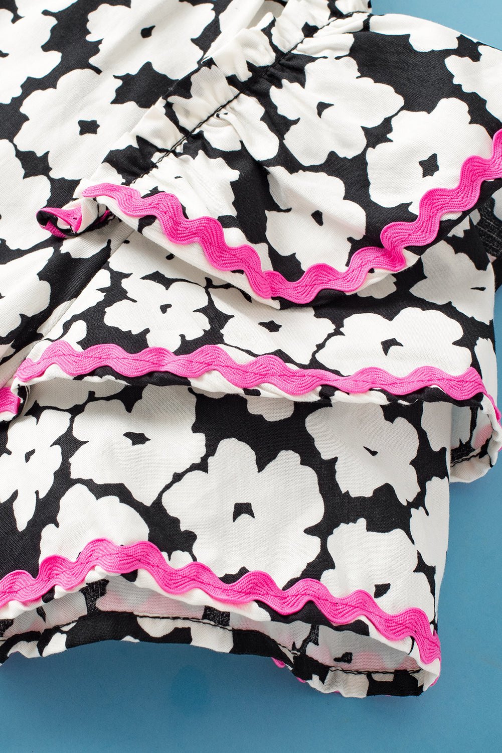 Pink Contrast Ric Rac Layered Ruffle Sleeve Floral Blouse - MAD RUFFI