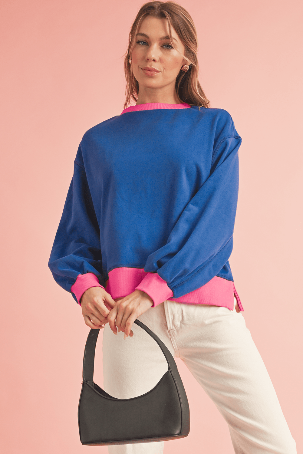 Pink Contrast Trim Bubble Sleeve Sweatshirt - MAD RUFFI