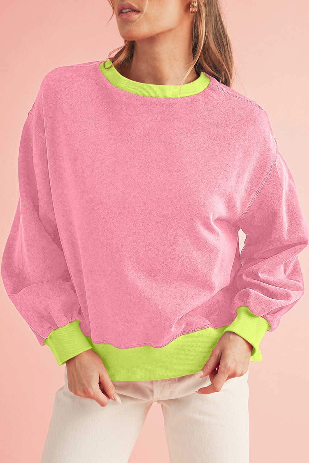 Pink Contrast Trim Bubble Sleeve Sweatshirt - MAD RUFFI
