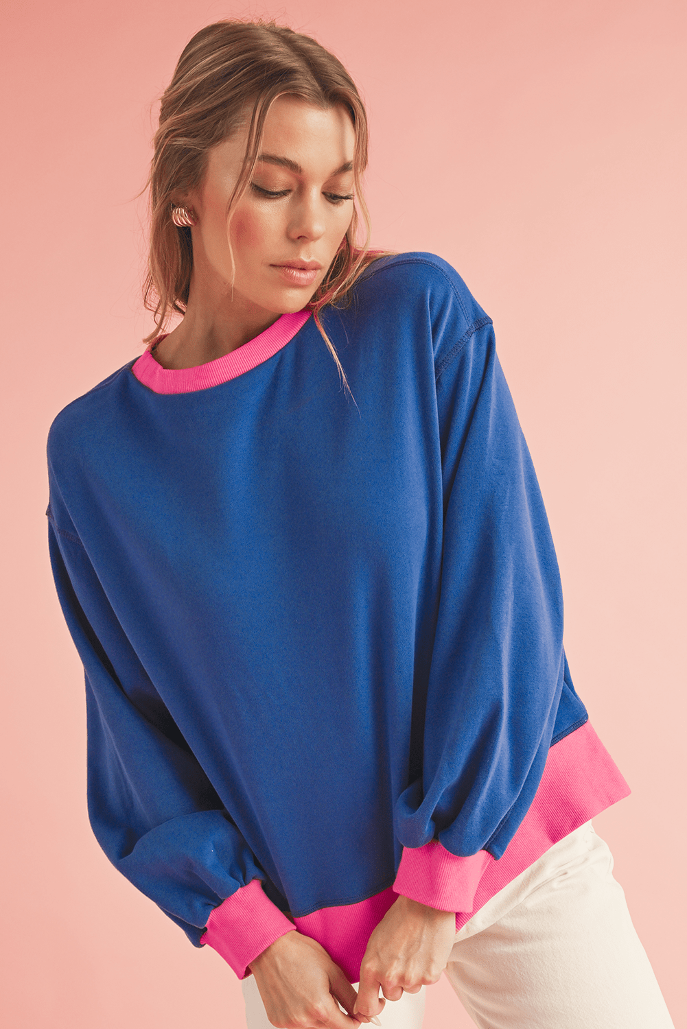 Pink Contrast Trim Bubble Sleeve Sweatshirt - MAD RUFFI