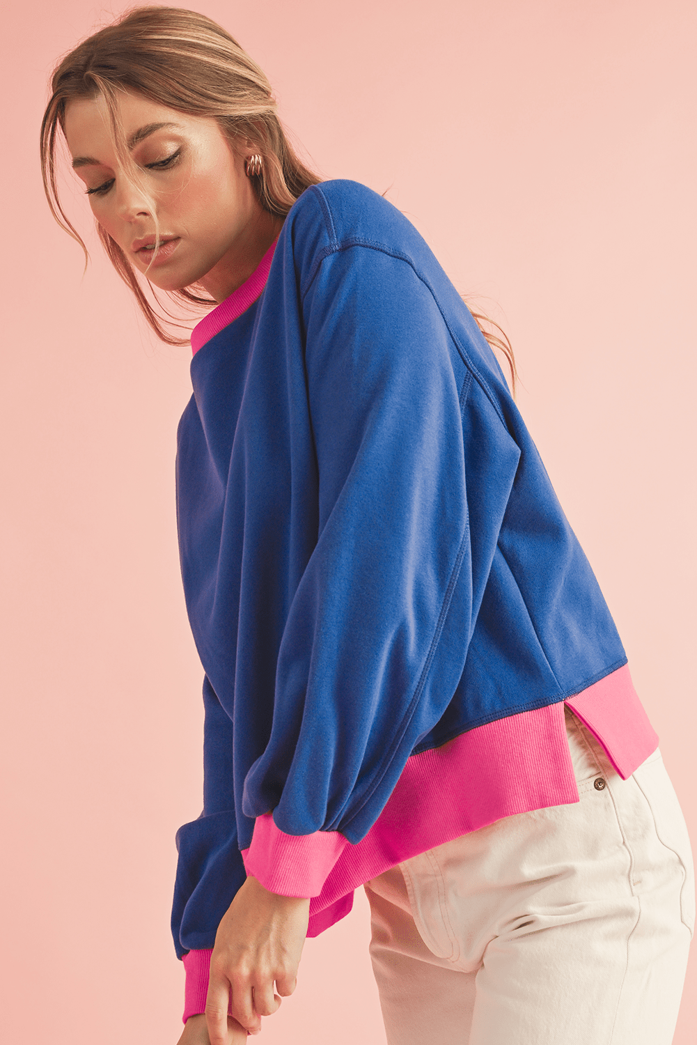 Pink Contrast Trim Bubble Sleeve Sweatshirt - MAD RUFFI