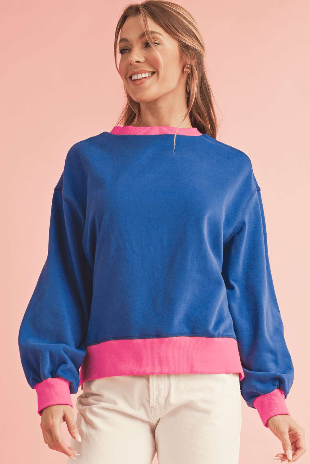 Pink Contrast Trim Bubble Sleeve Sweatshirt - MAD RUFFI
