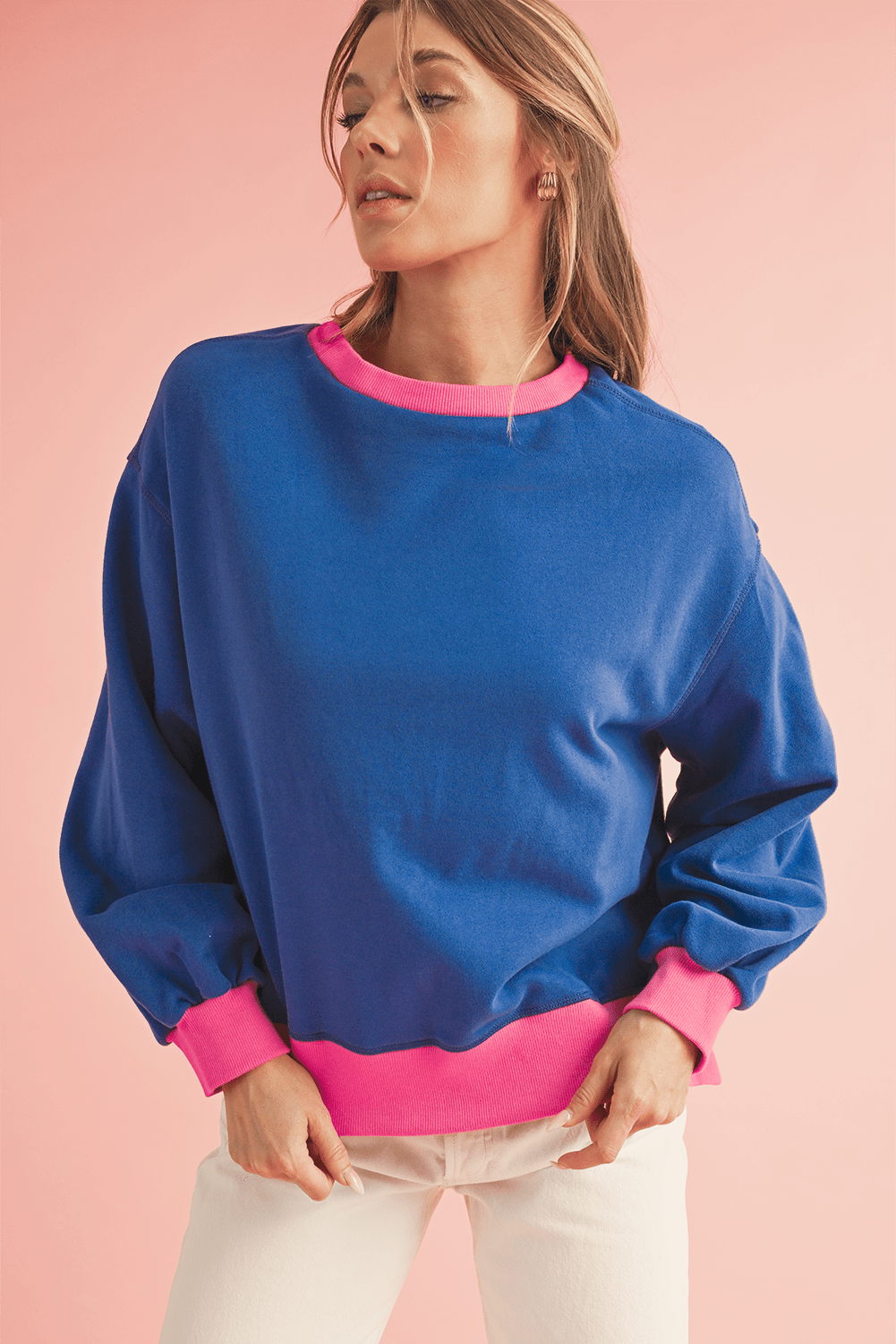 Pink Contrast Trim Bubble Sleeve Sweatshirt - MAD RUFFI