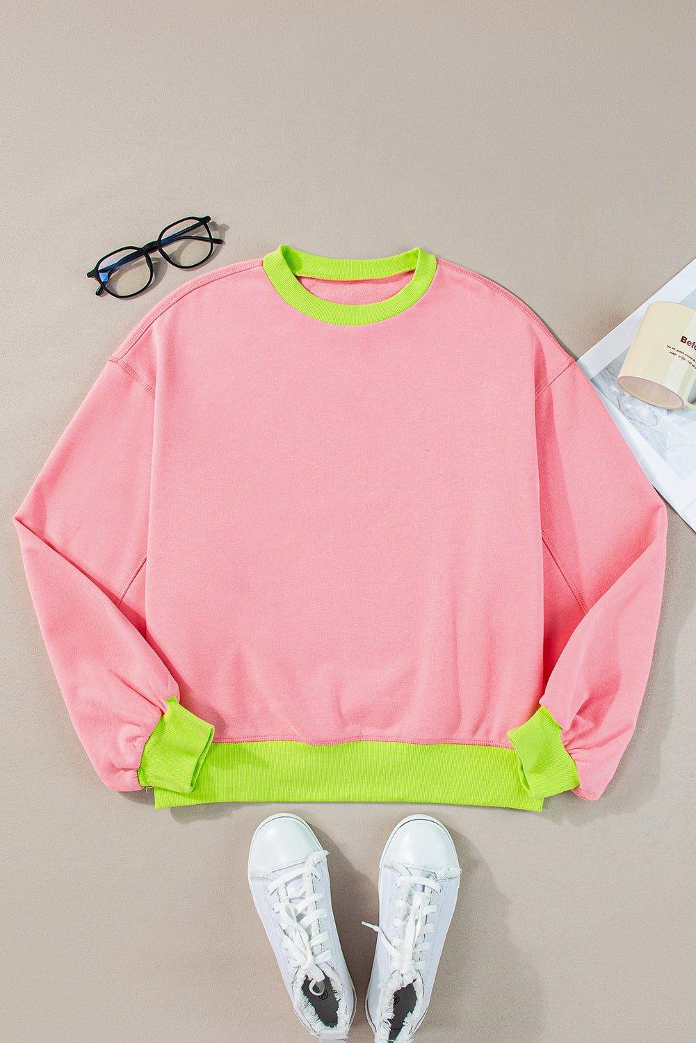 Pink Contrast Trim Bubble Sleeve Sweatshirt - MAD RUFFI