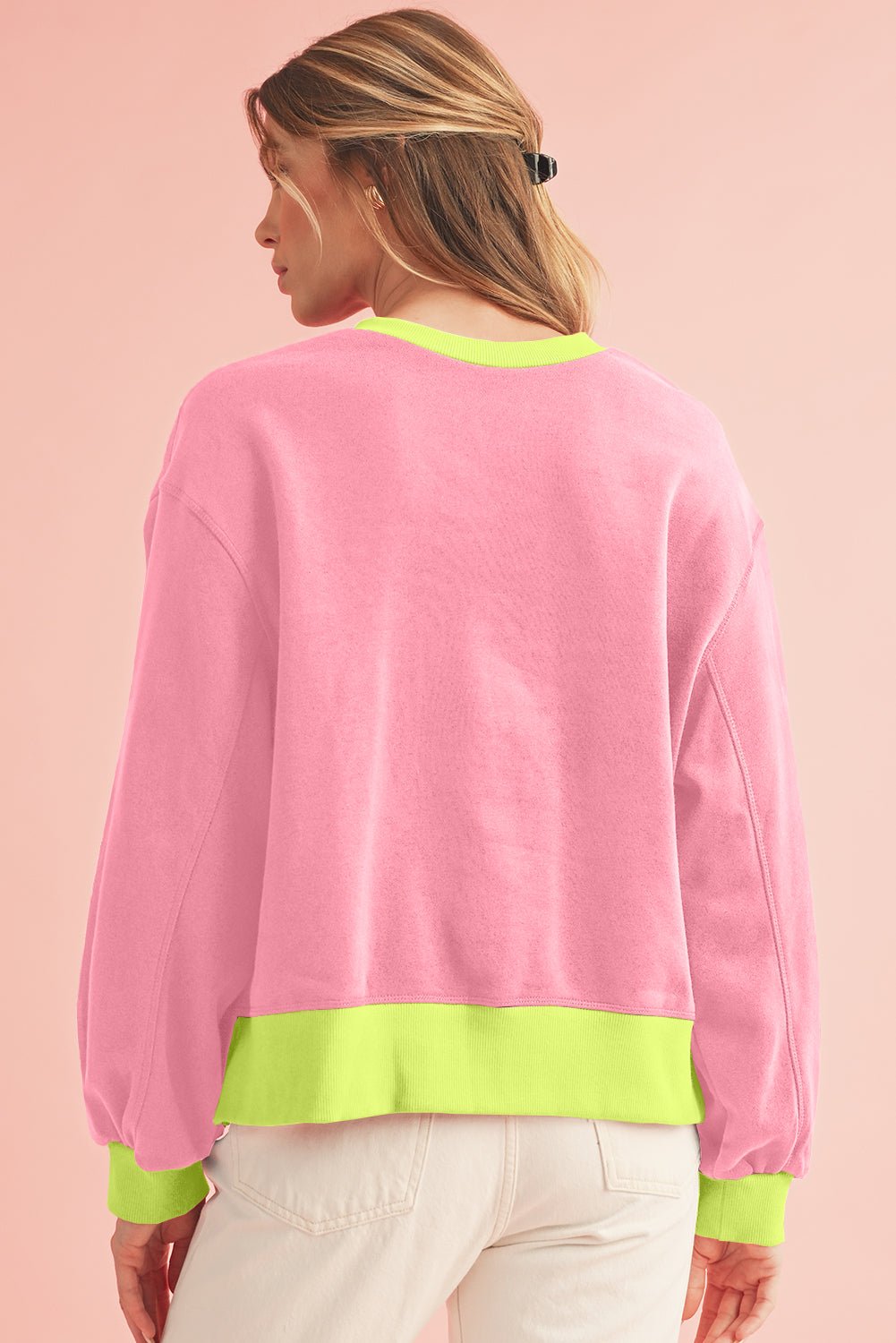 Pink Contrast Trim Bubble Sleeve Sweatshirt - MAD RUFFI