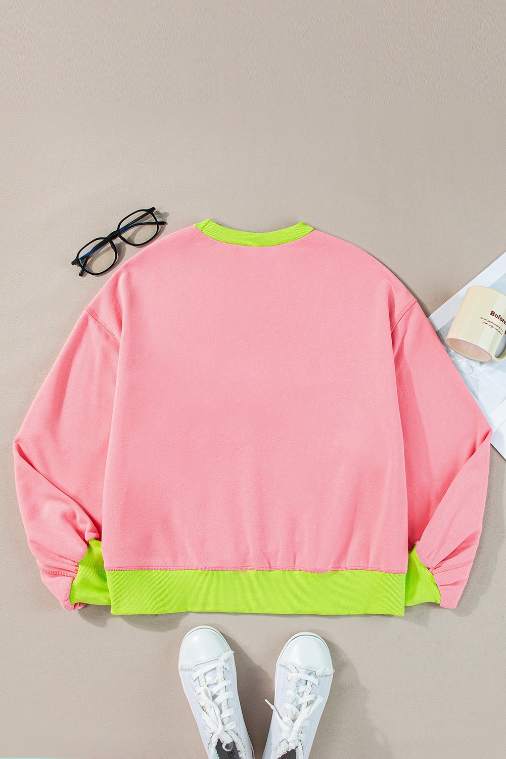 Pink Contrast Trim Bubble Sleeve Sweatshirt - MAD RUFFI