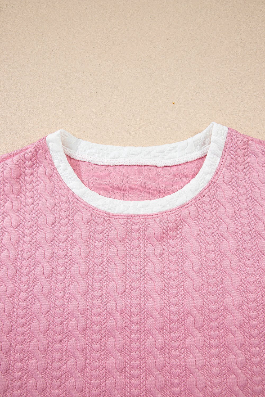 Pink Contrast Trim Textured Crewneck Top and Pocketed Skirt Set - MAD RUFFI