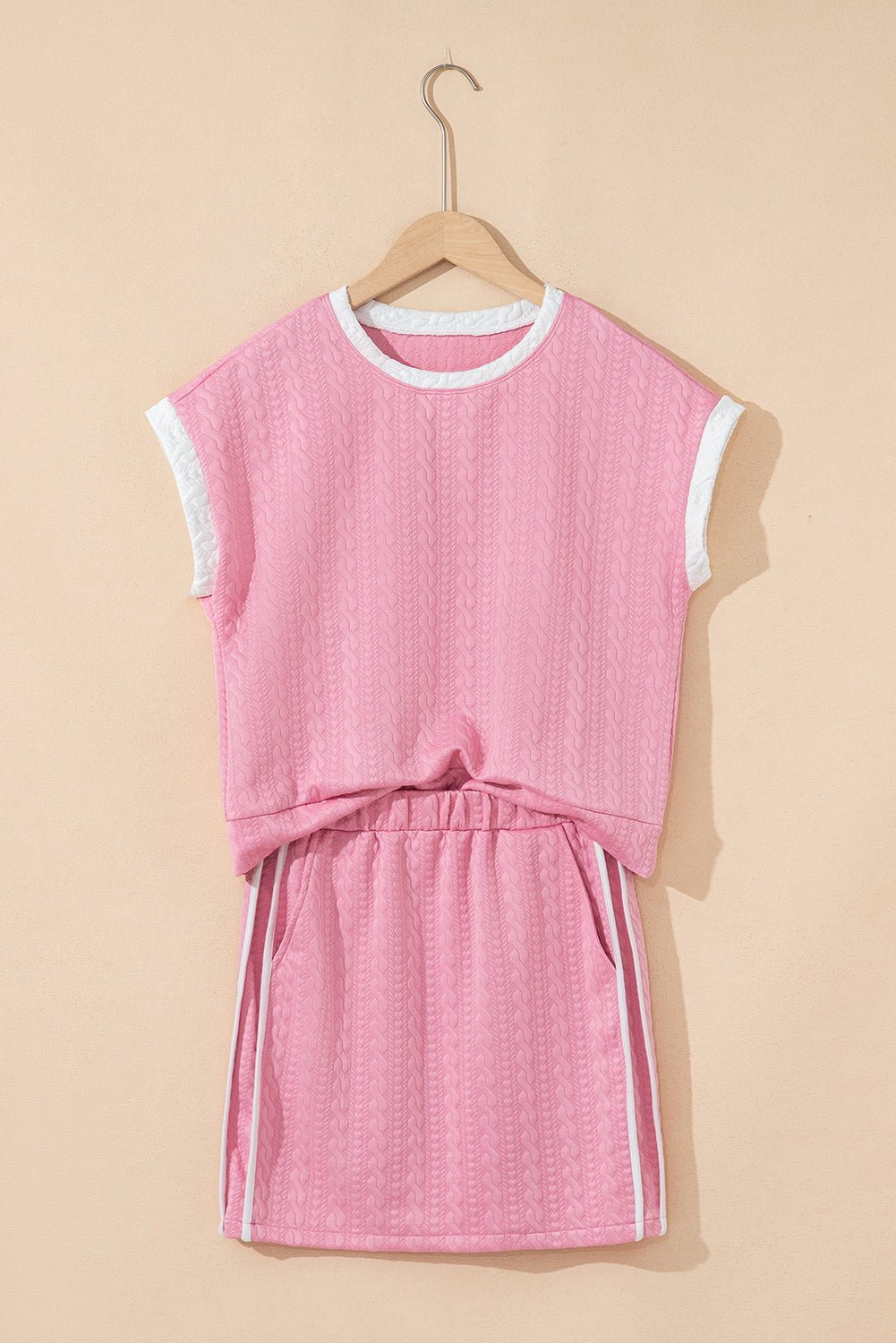 Pink Contrast Trim Textured Crewneck Top and Pocketed Skirt Set - MAD RUFFI