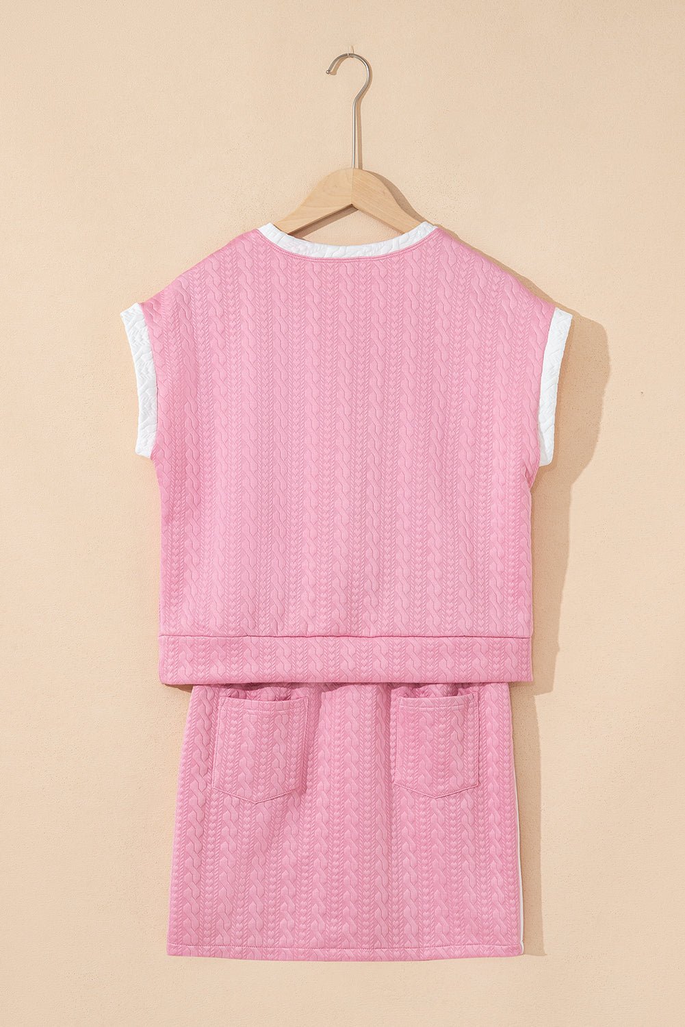 Pink Contrast Trim Textured Crewneck Top and Pocketed Skirt Set - MAD RUFFI