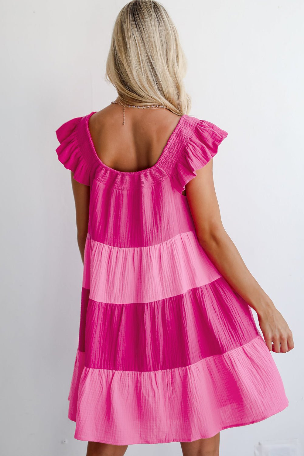 Pink Crinkled Colorblock Patchwork Tiered Mini Dress - MAD RUFFI