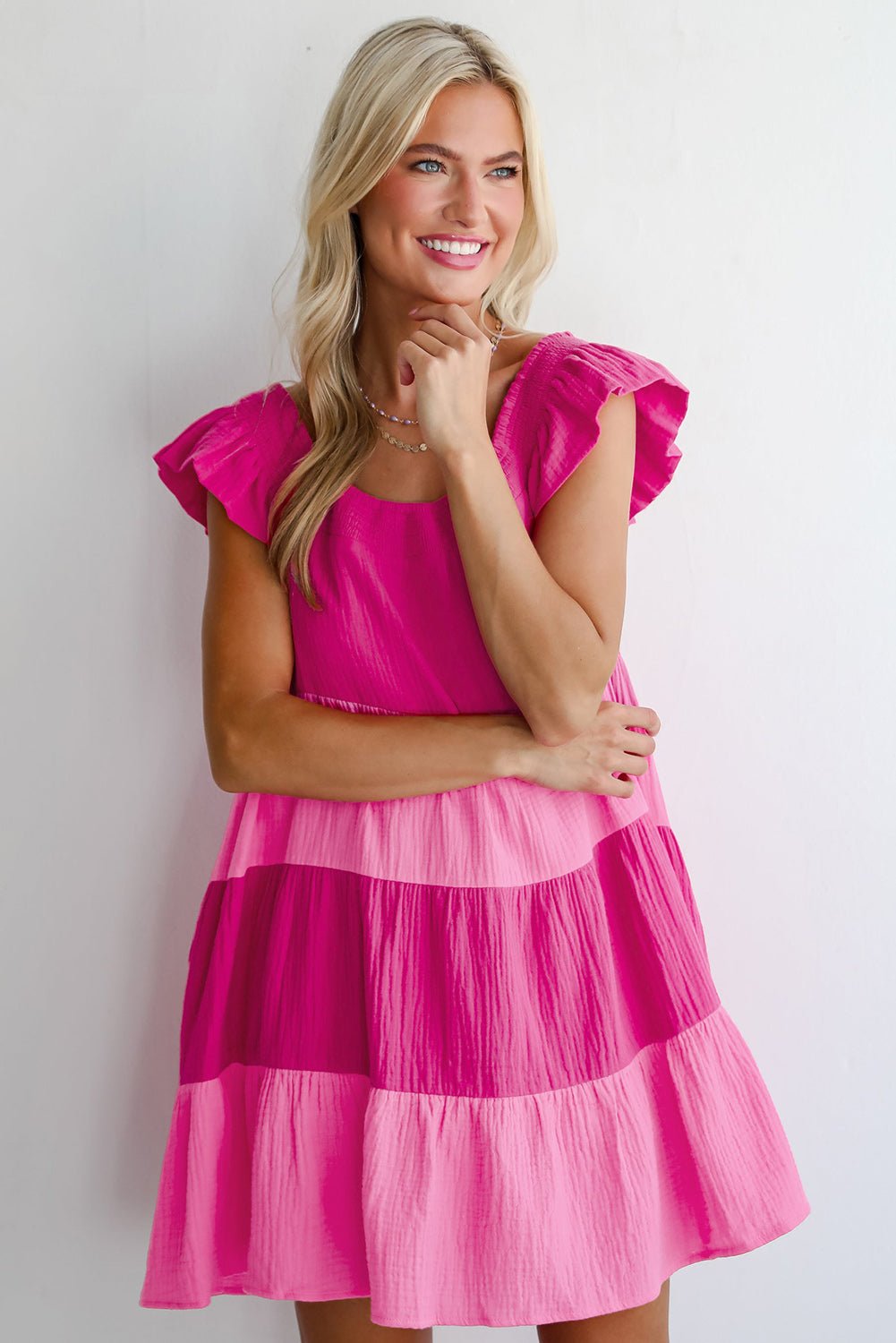 Pink Crinkled Colorblock Patchwork Tiered Mini Dress - MAD RUFFI