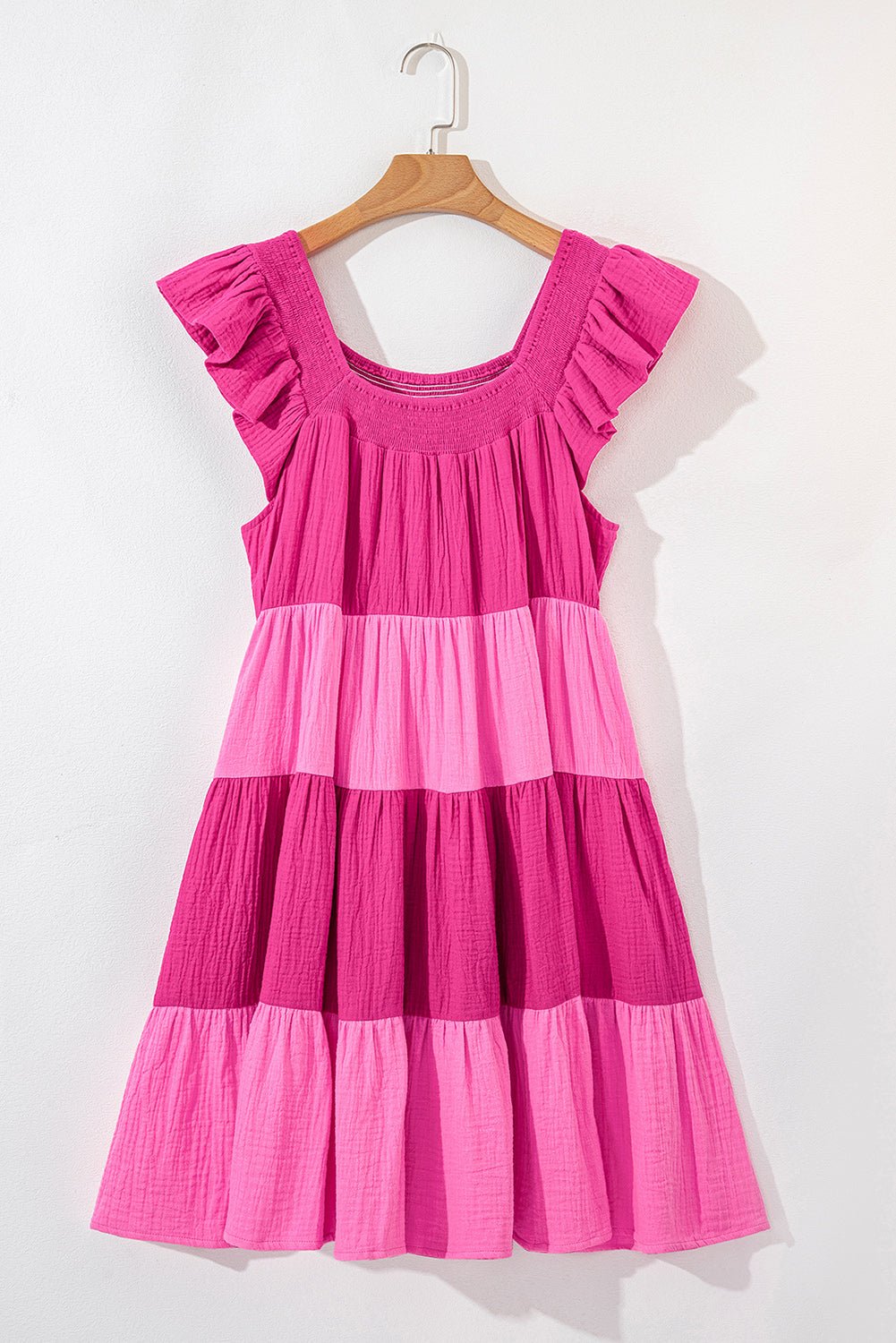 Pink Crinkled Colorblock Patchwork Tiered Mini Dress - MAD RUFFI