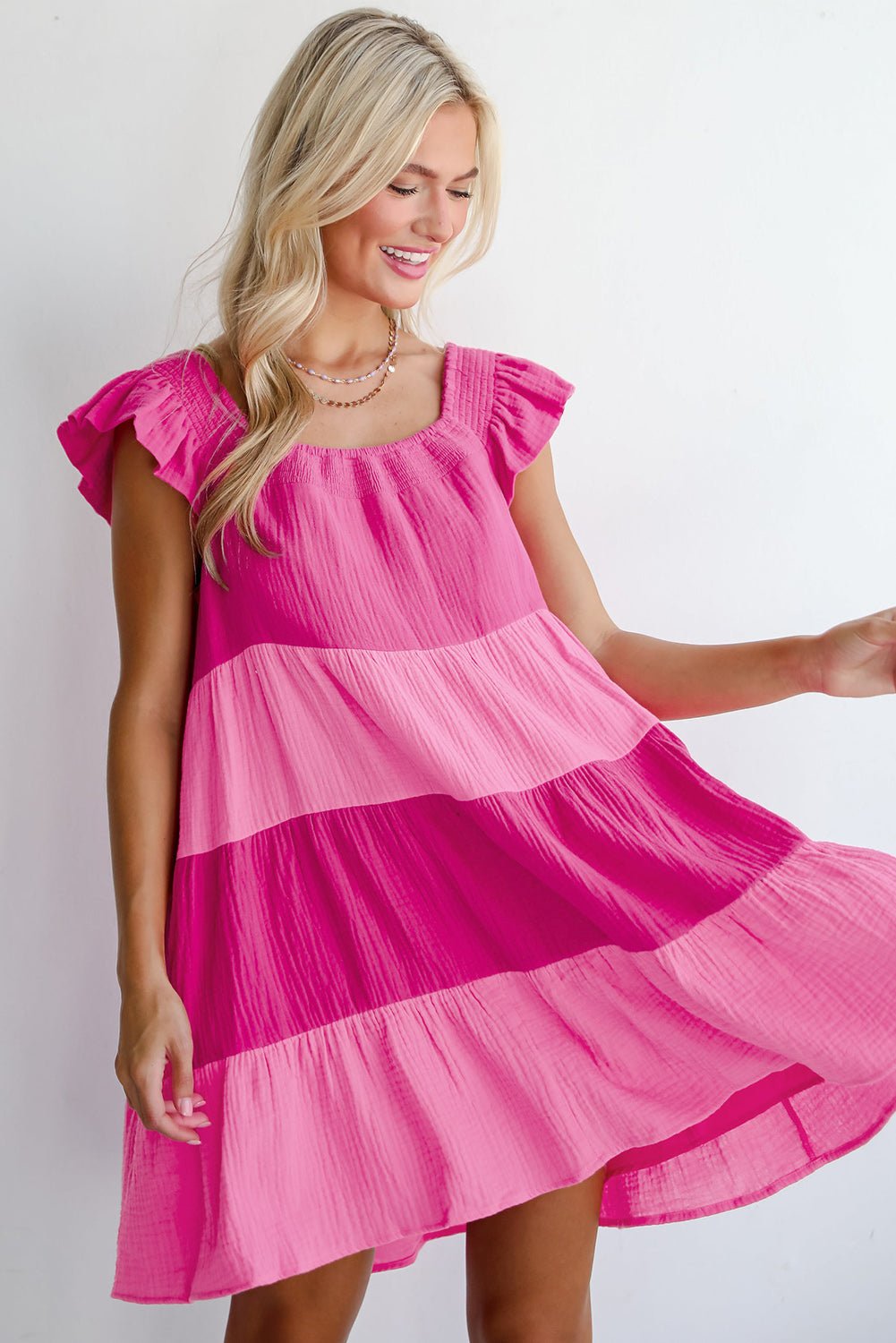 Pink Crinkled Colorblock Patchwork Tiered Mini Dress - MAD RUFFI