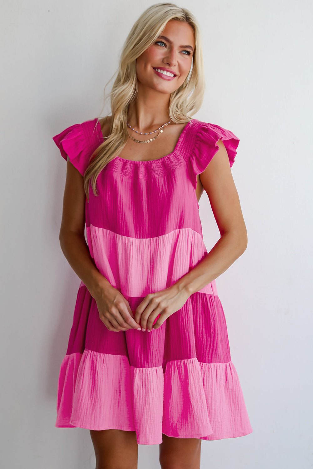 Pink Crinkled Colorblock Patchwork Tiered Mini Dress - MAD RUFFI