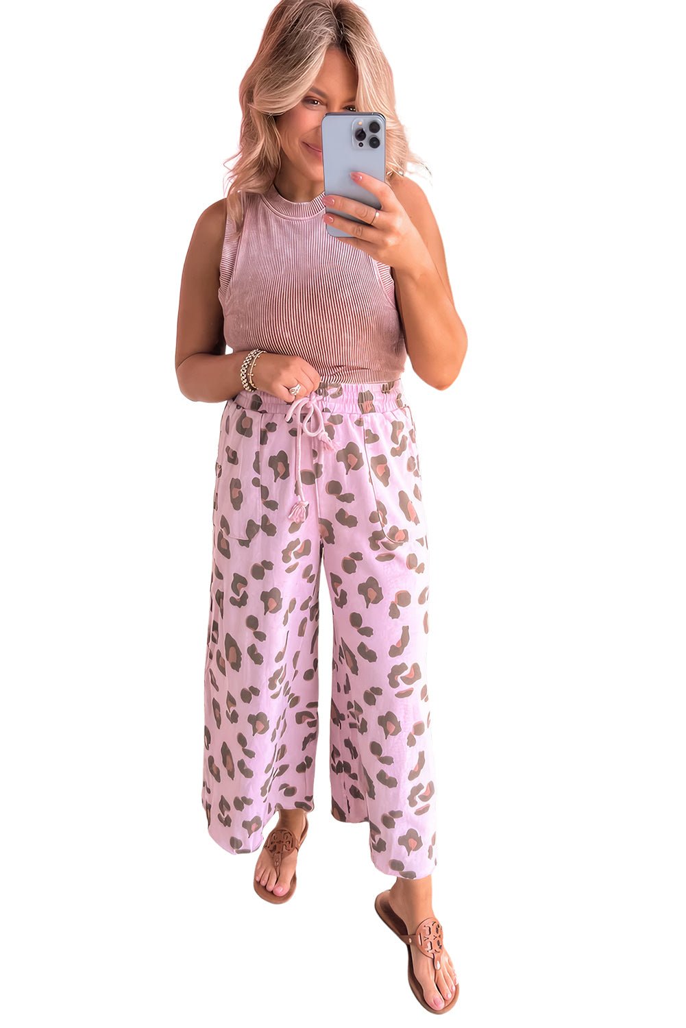 Pink Drawstring Leopard Print Patch Pocket Loose Pants - MAD RUFFI