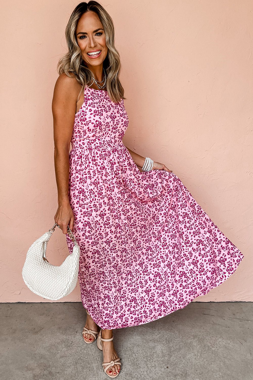 Pink Floral Cutout Back Empire Waist Sleeveless Maxi Dress - MAD RUFFI