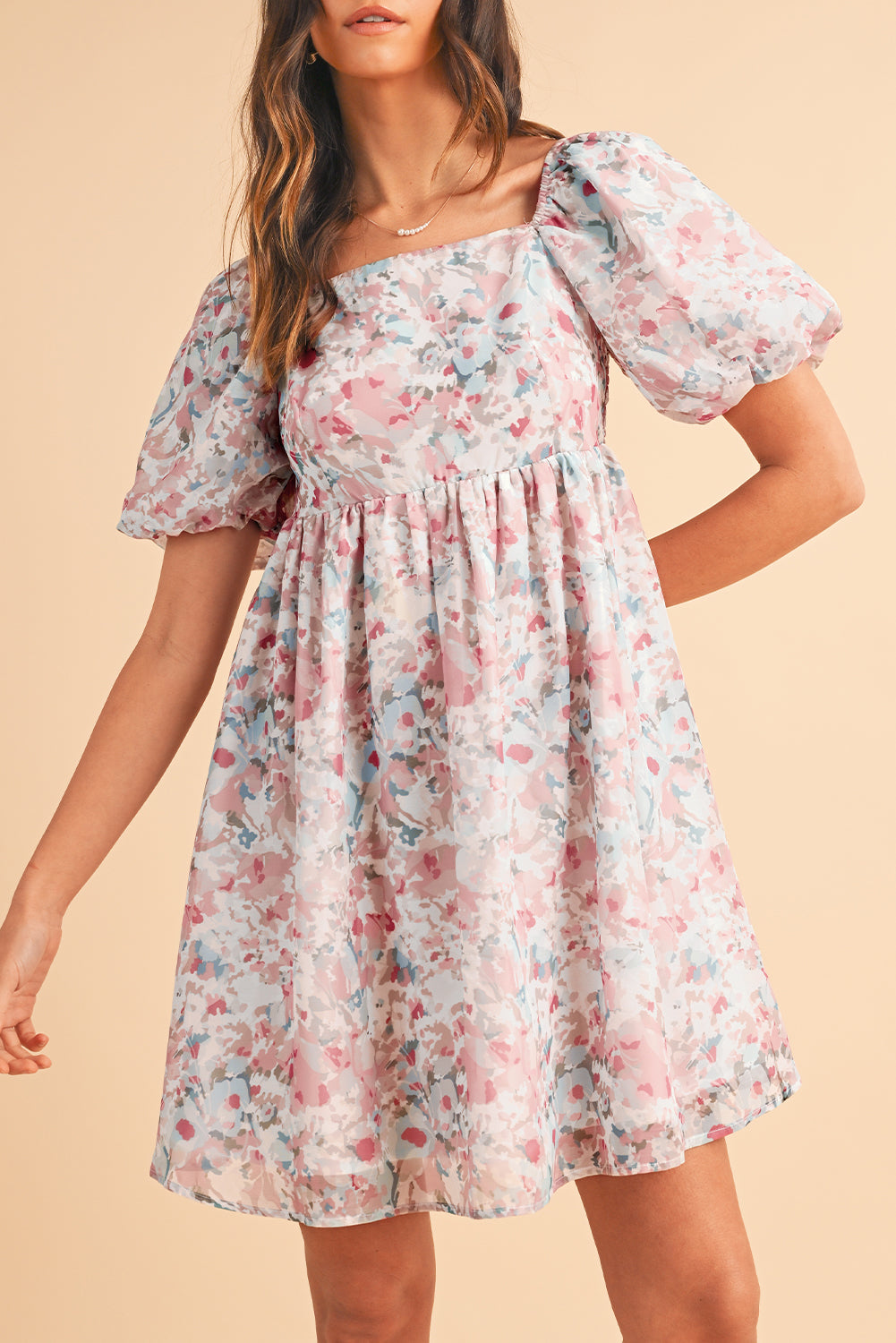 Pink Floral Lantern Sleeve Square Neck Ruffled Mini Dress - MAD RUFFI