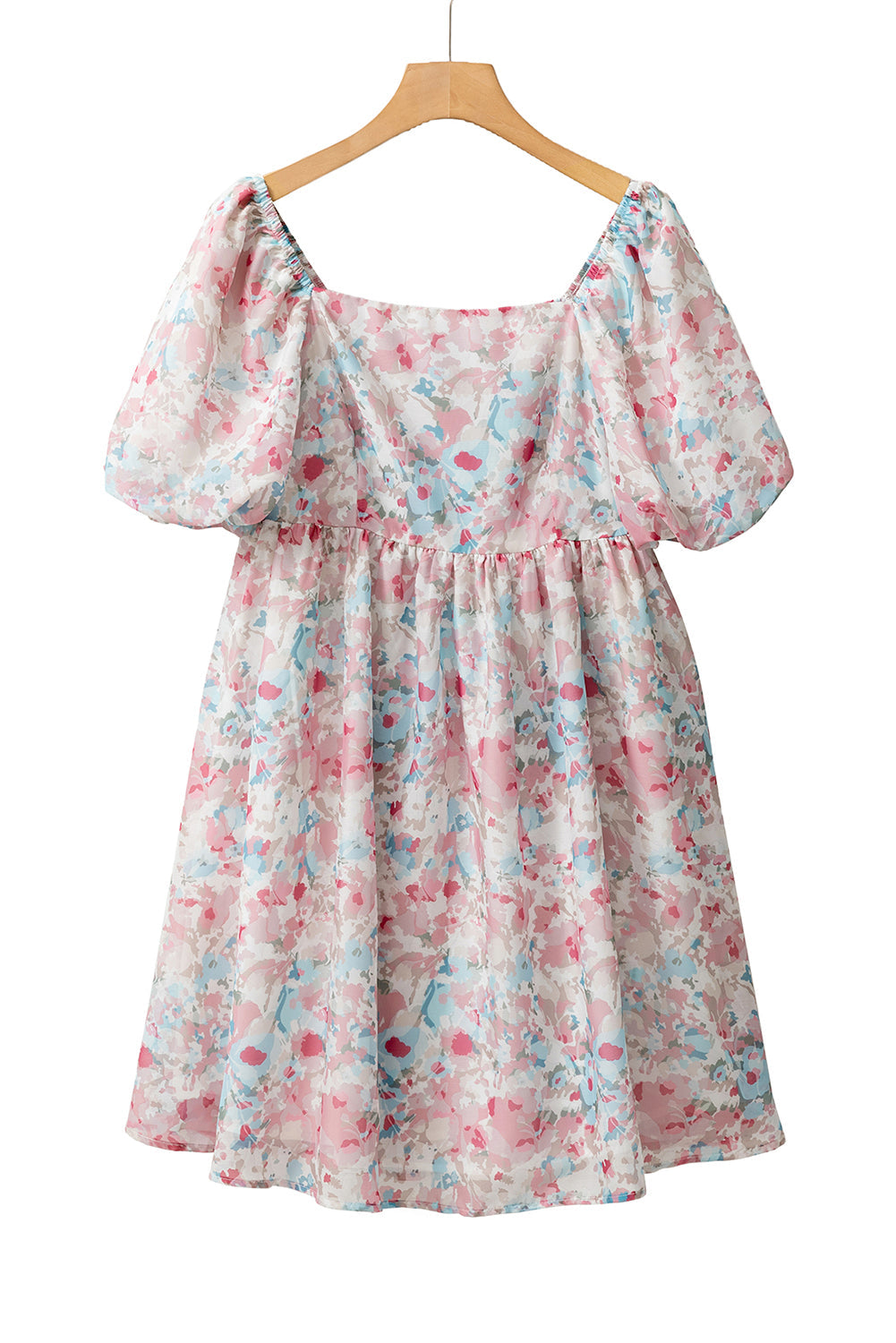 Pink Floral Lantern Sleeve Square Neck Ruffled Mini Dress - MAD RUFFI