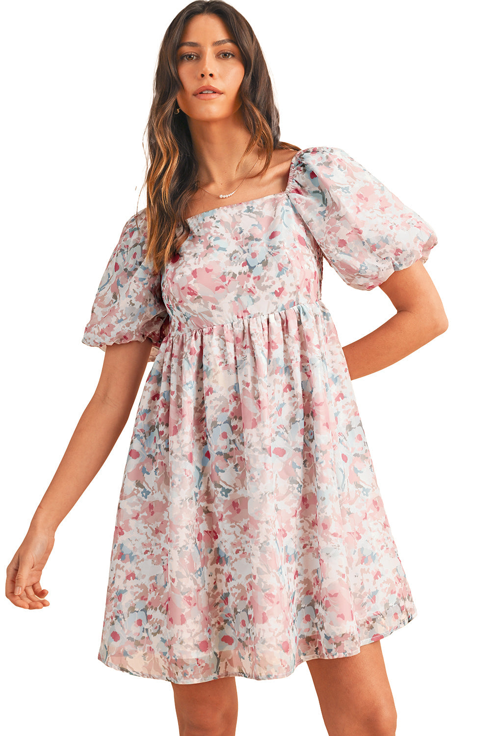 Pink Floral Lantern Sleeve Square Neck Ruffled Mini Dress - MAD RUFFI