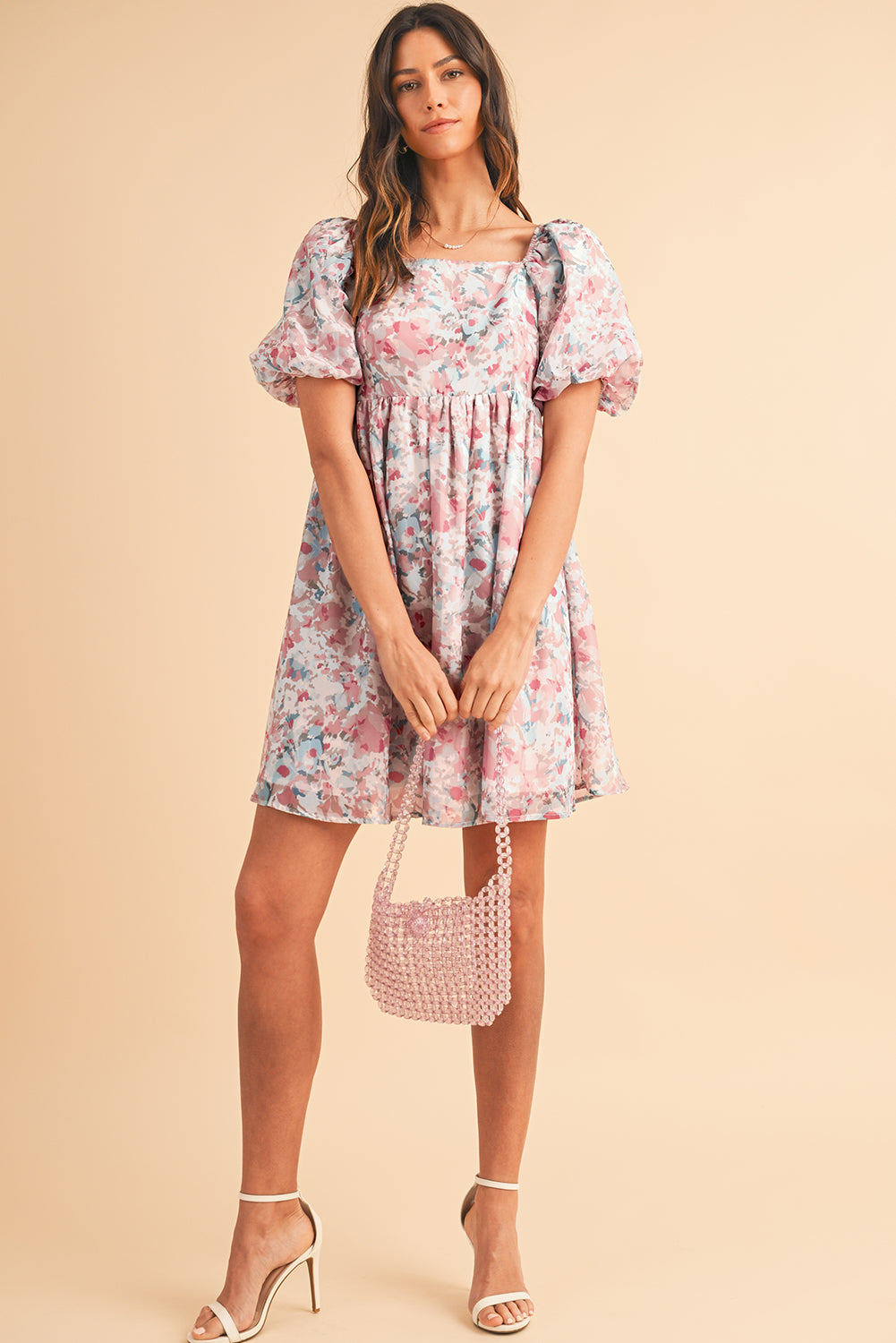 Pink Floral Lantern Sleeve Square Neck Ruffled Mini Dress - MAD RUFFI