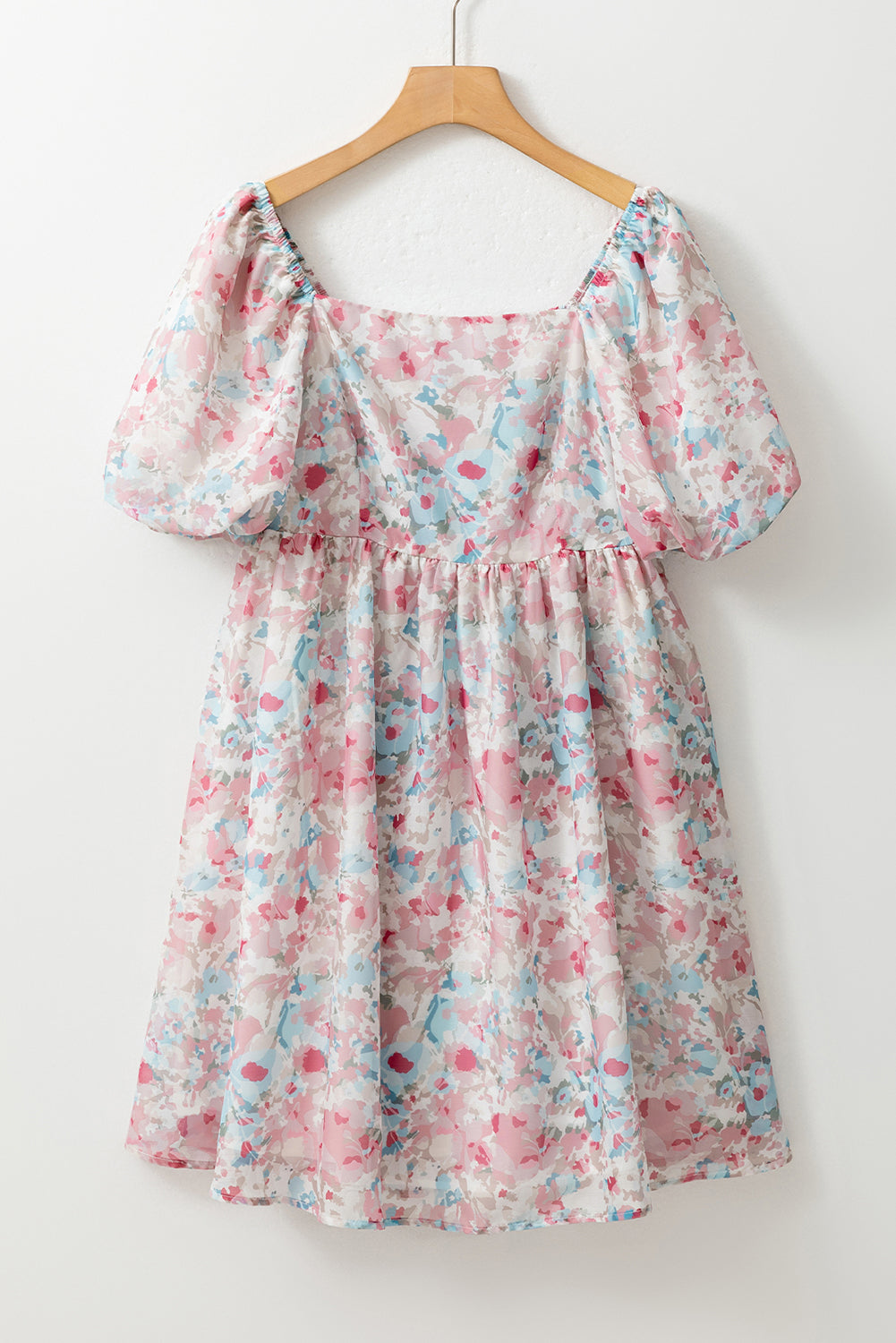 Pink Floral Lantern Sleeve Square Neck Ruffled Mini Dress - MAD RUFFI