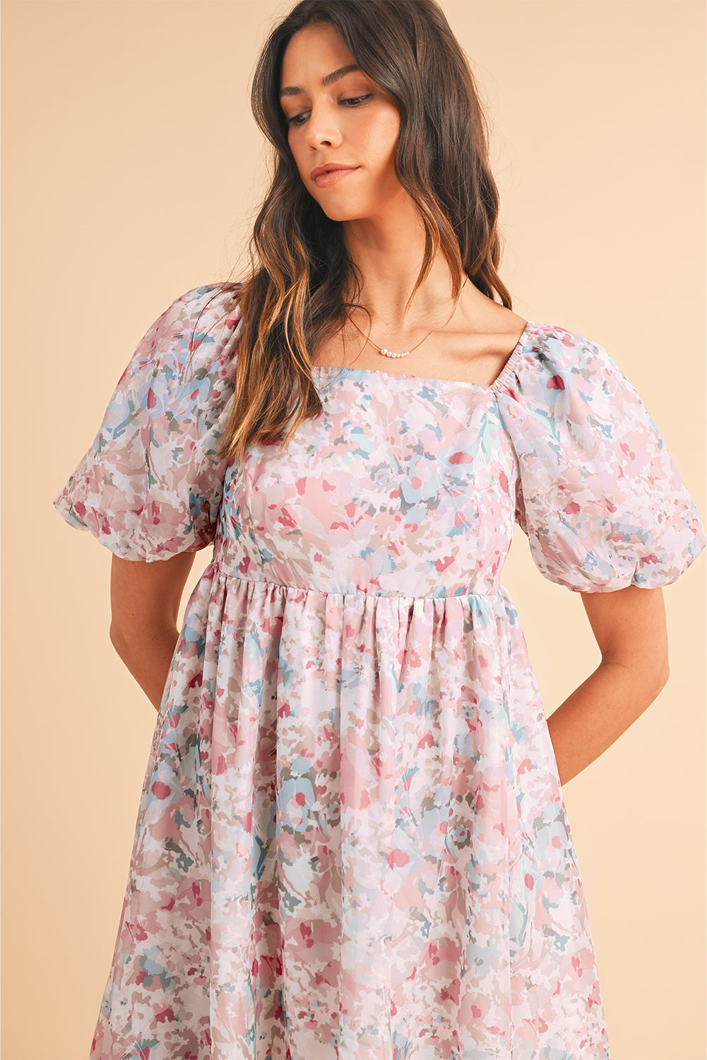 Pink Floral Lantern Sleeve Square Neck Ruffled Mini Dress - MAD RUFFI