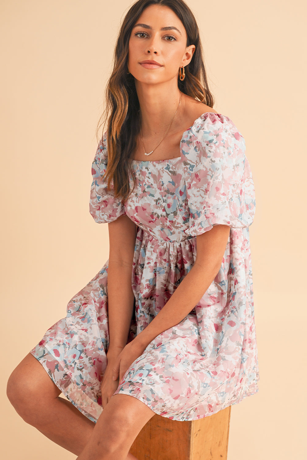 Pink Floral Lantern Sleeve Square Neck Ruffled Mini Dress - MAD RUFFI