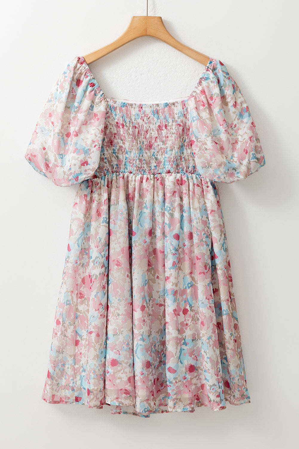 Pink Floral Lantern Sleeve Square Neck Ruffled Mini Dress - MAD RUFFI