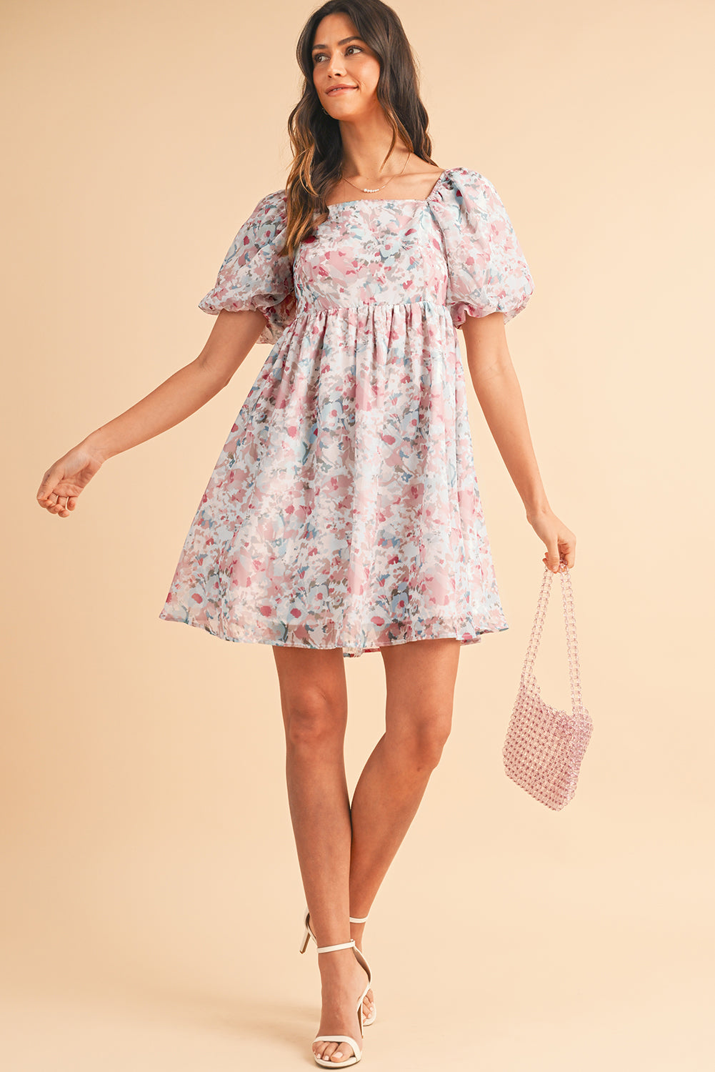 Pink Floral Lantern Sleeve Square Neck Ruffled Mini Dress - MAD RUFFI