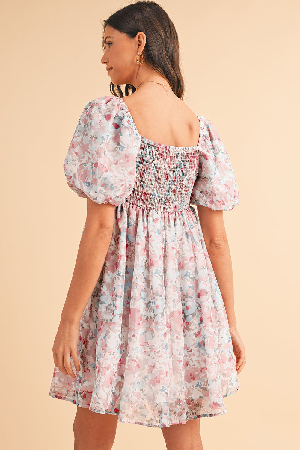 Pink Floral Lantern Sleeve Square Neck Ruffled Mini Dress - MAD RUFFI