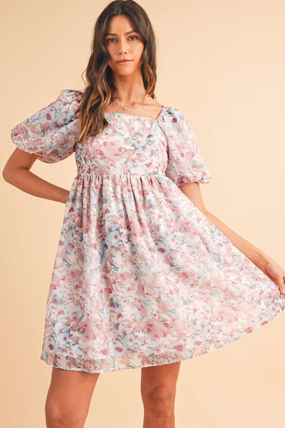 Pink Floral Lantern Sleeve Square Neck Ruffled Mini Dress - MAD RUFFI