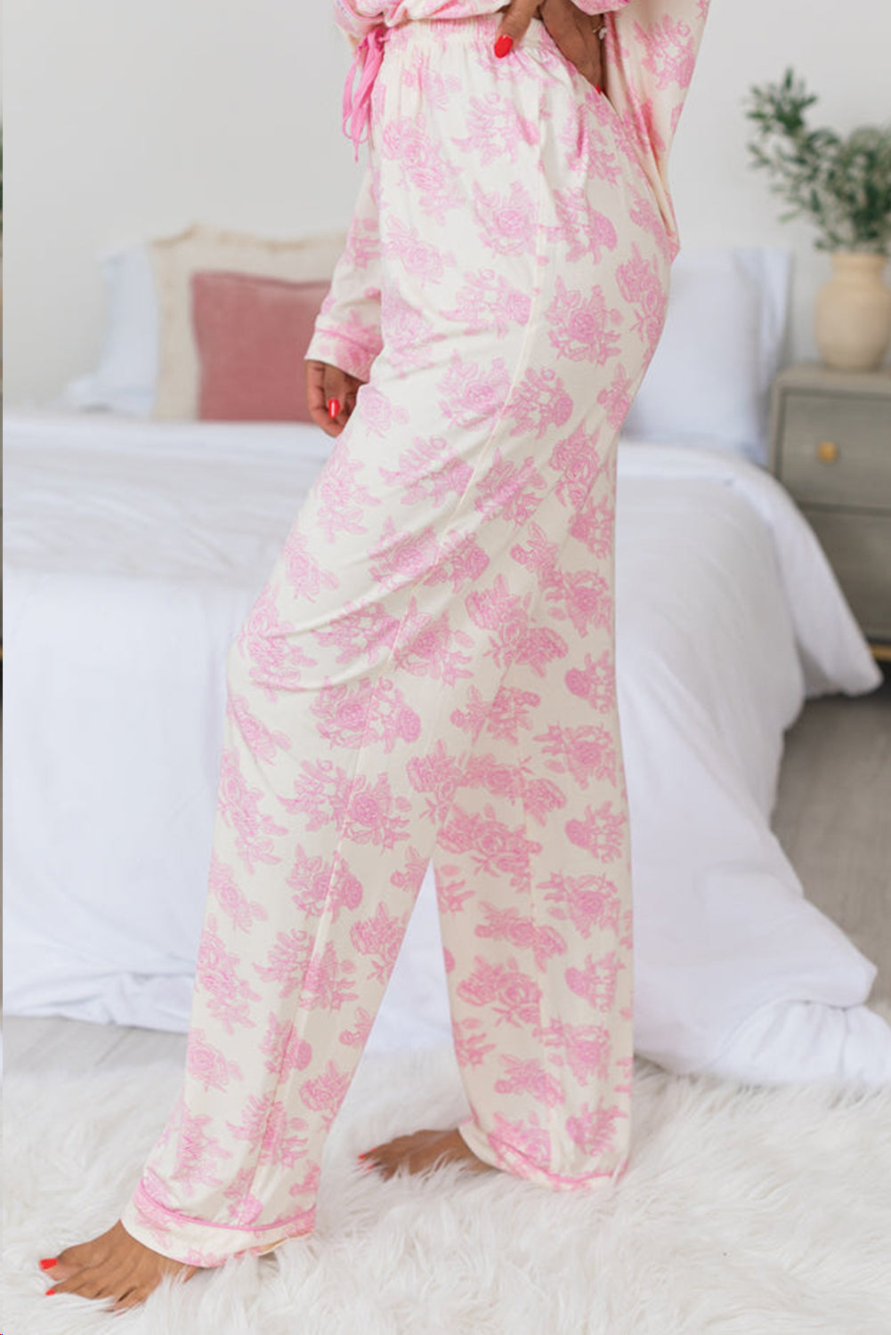 Pink Floral Long Sleeve and Pants Pajamas Set - MAD RUFFI