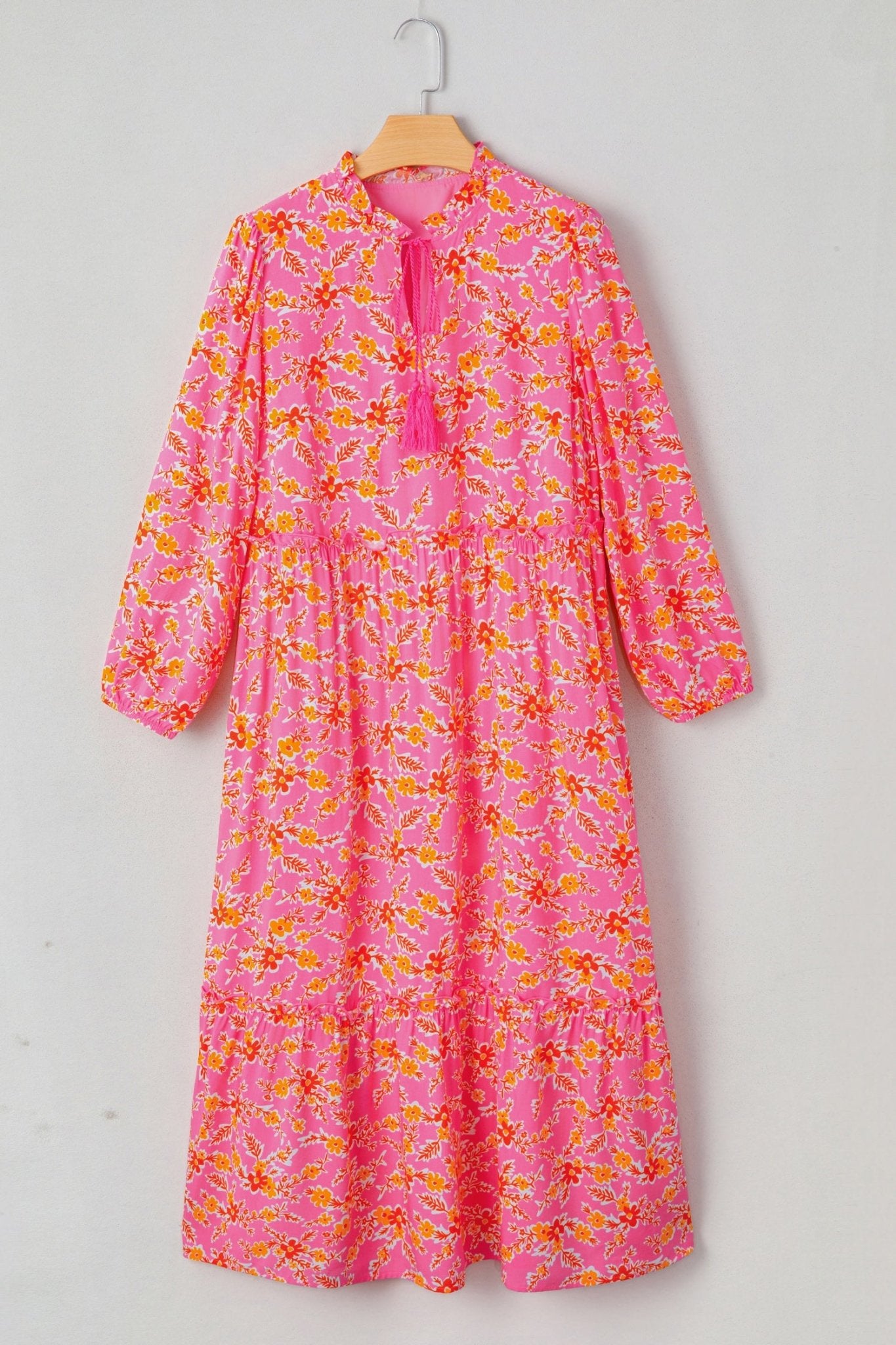 Pink Floral Long Sleeve Tassel Tied V Neck Maxi Dress - MAD RUFFI