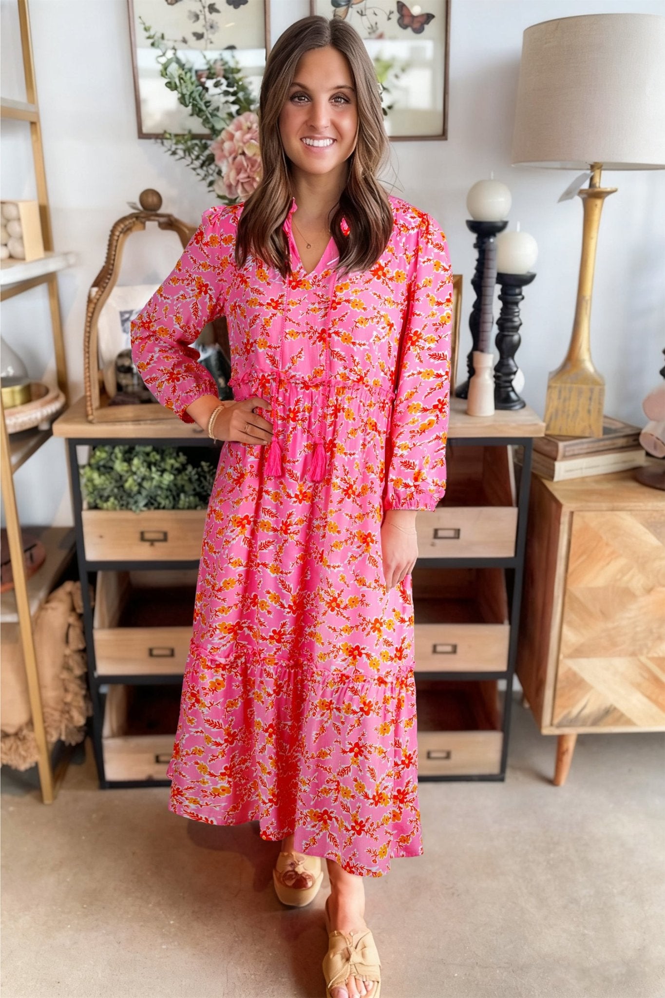 Pink Floral Long Sleeve Tassel Tied V Neck Maxi Dress - MAD RUFFI