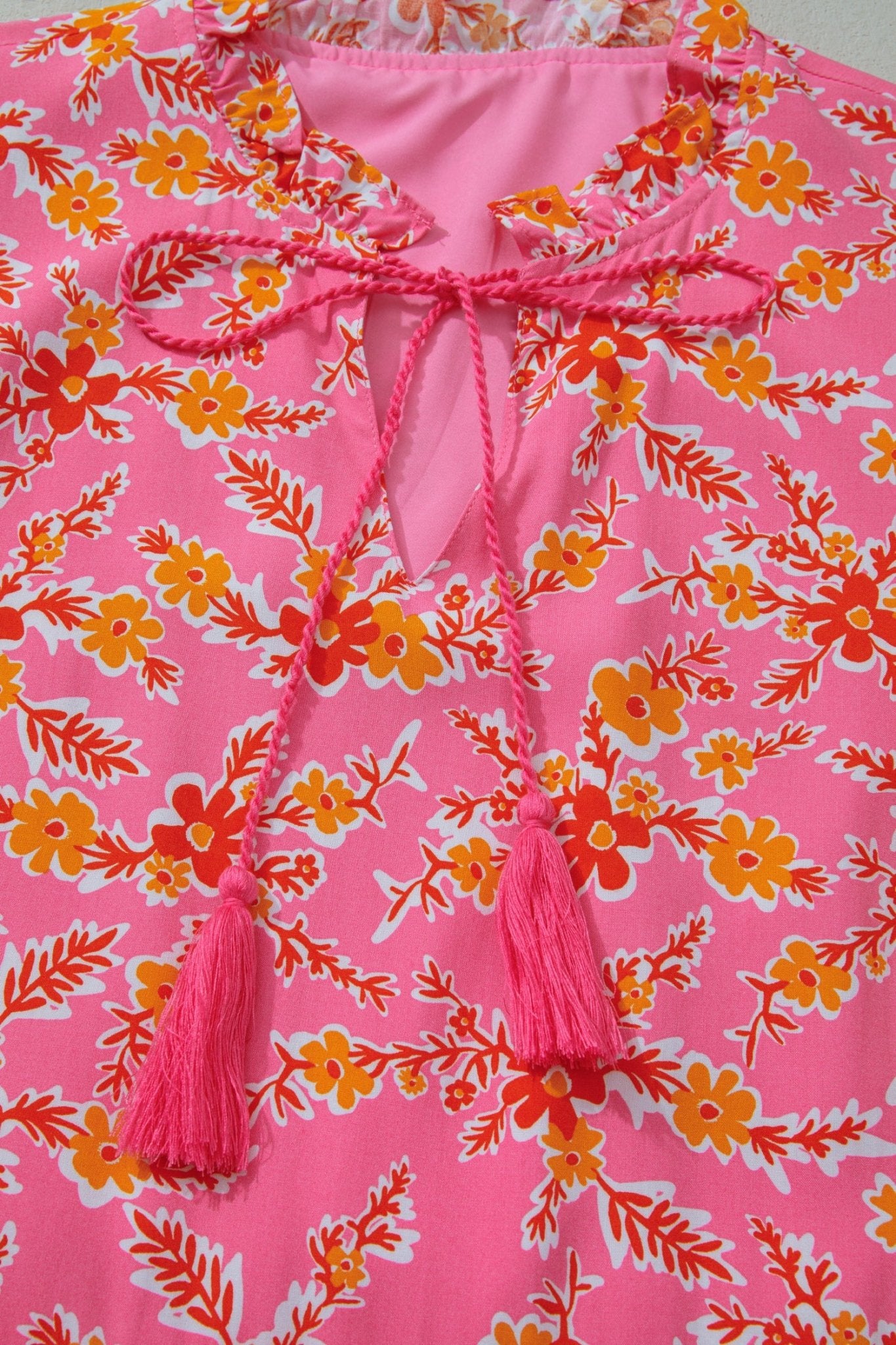 Pink Floral Long Sleeve Tassel Tied V Neck Maxi Dress - MAD RUFFI