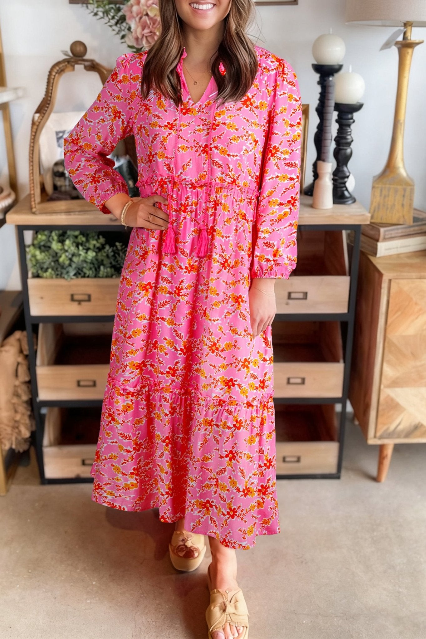 Pink Floral Long Sleeve Tassel Tied V Neck Maxi Dress - MAD RUFFI