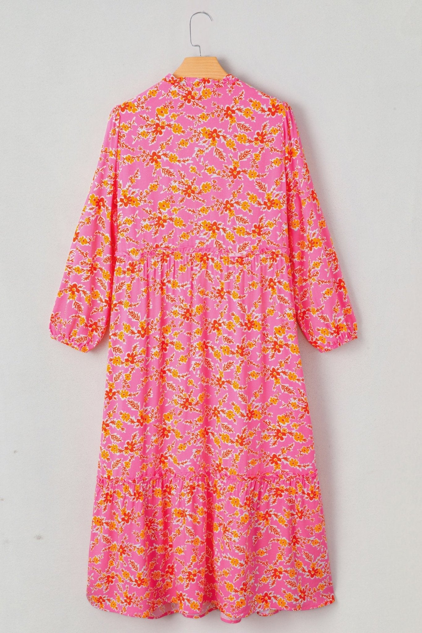 Pink Floral Long Sleeve Tassel Tied V Neck Maxi Dress - MAD RUFFI