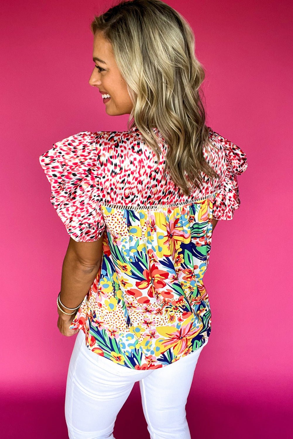 Pink Floral Mixed Print Ruffle Cap Sleeve Blouse - MAD RUFFI
