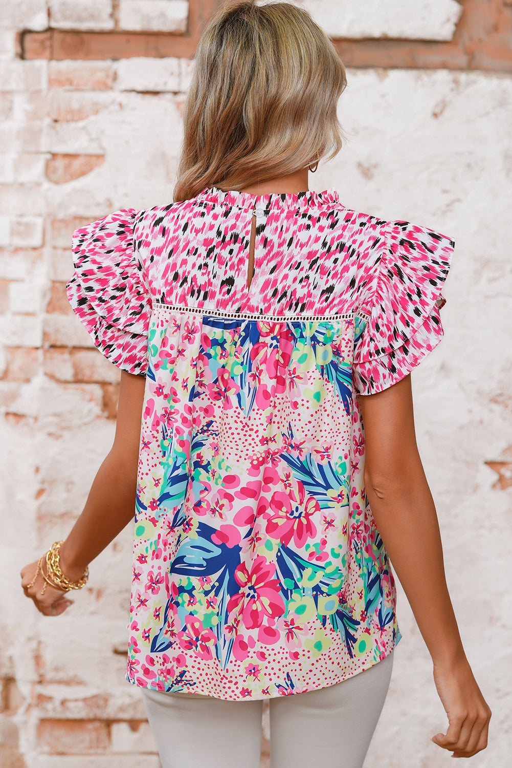 Pink Floral Mixed Print Ruffle Cap Sleeve Blouse - MAD RUFFI