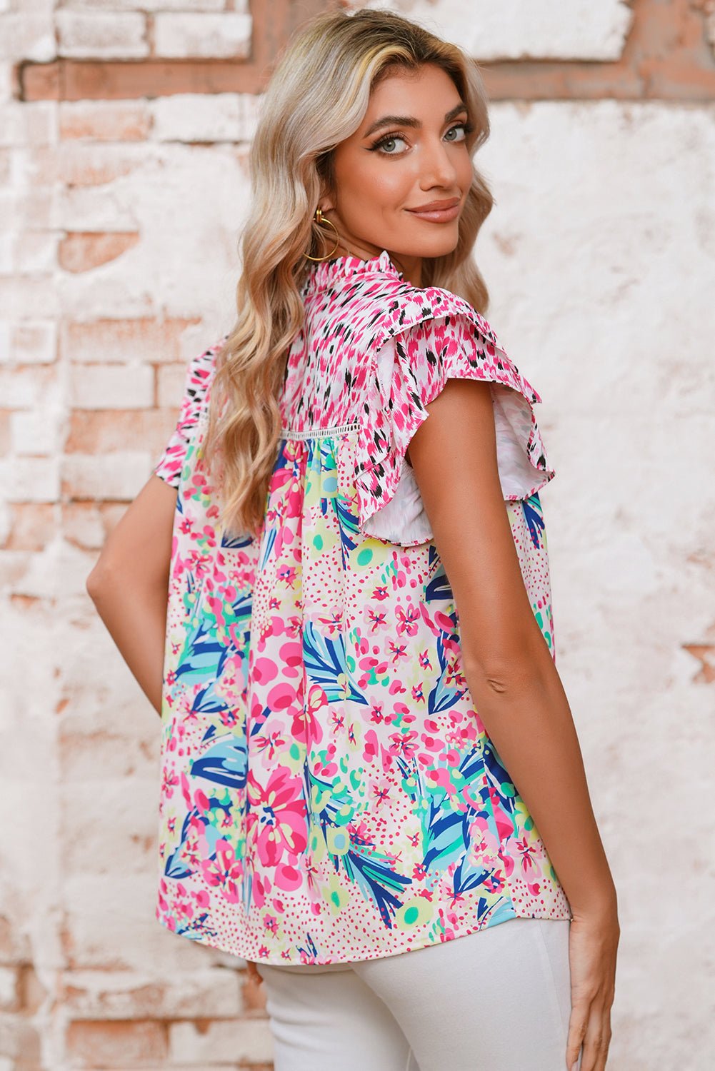 Pink Floral Mixed Print Ruffle Cap Sleeve Blouse - MAD RUFFI
