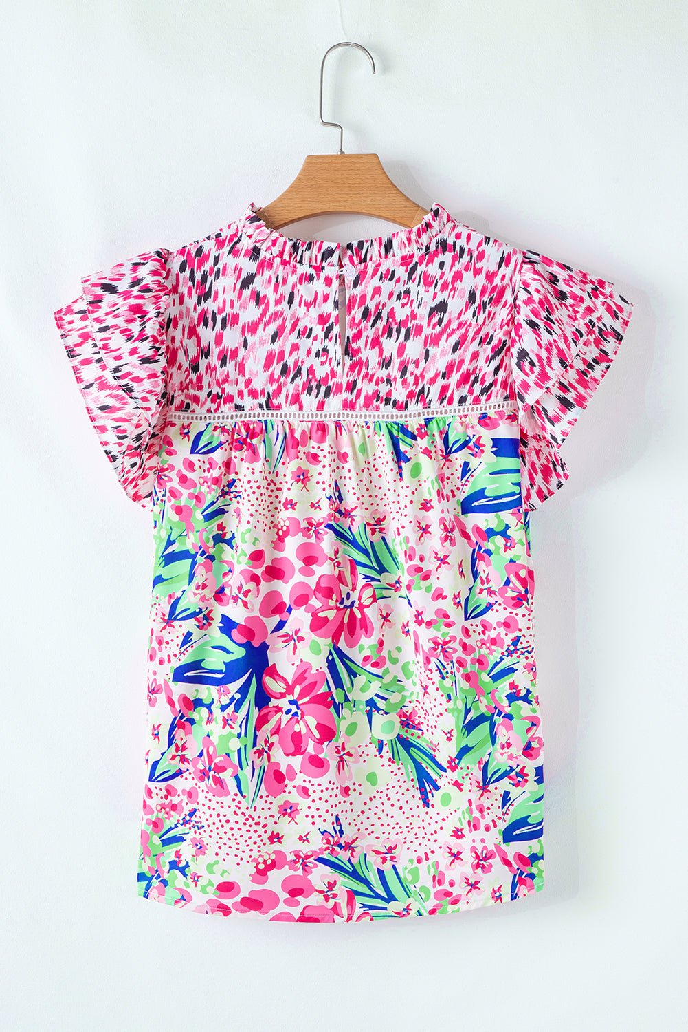 Pink Floral Mixed Print Ruffle Cap Sleeve Blouse - MAD RUFFI