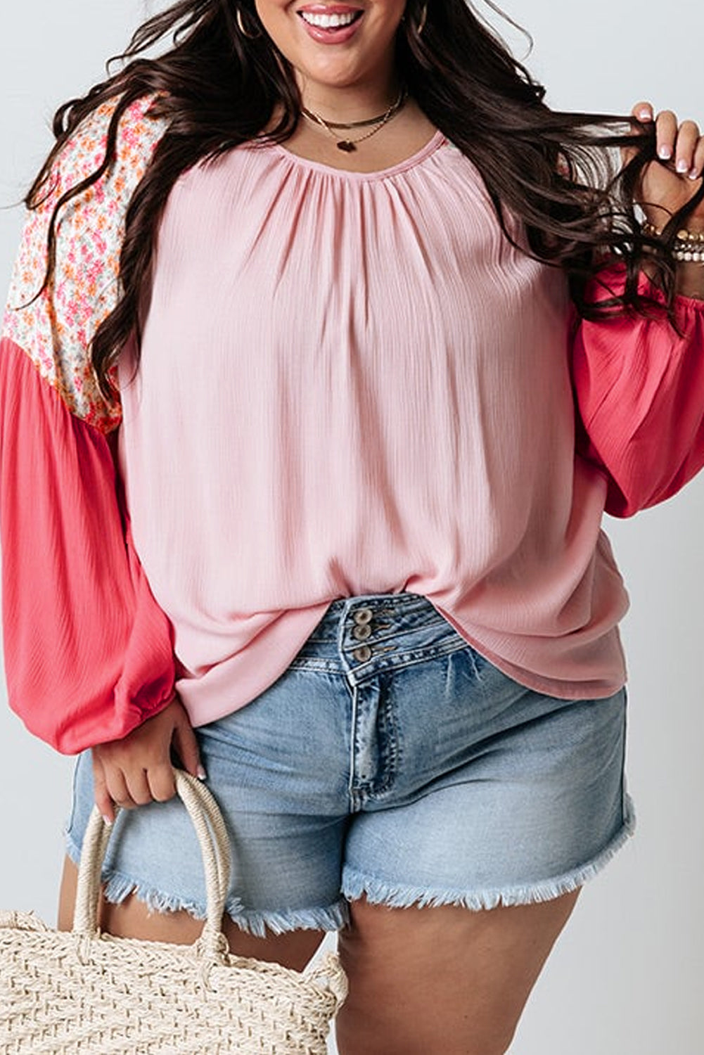 Pink Floral Patchwork Long Sleeve Crinkle Plus Size Blouse - Pink / 1X - Plus Size Tops