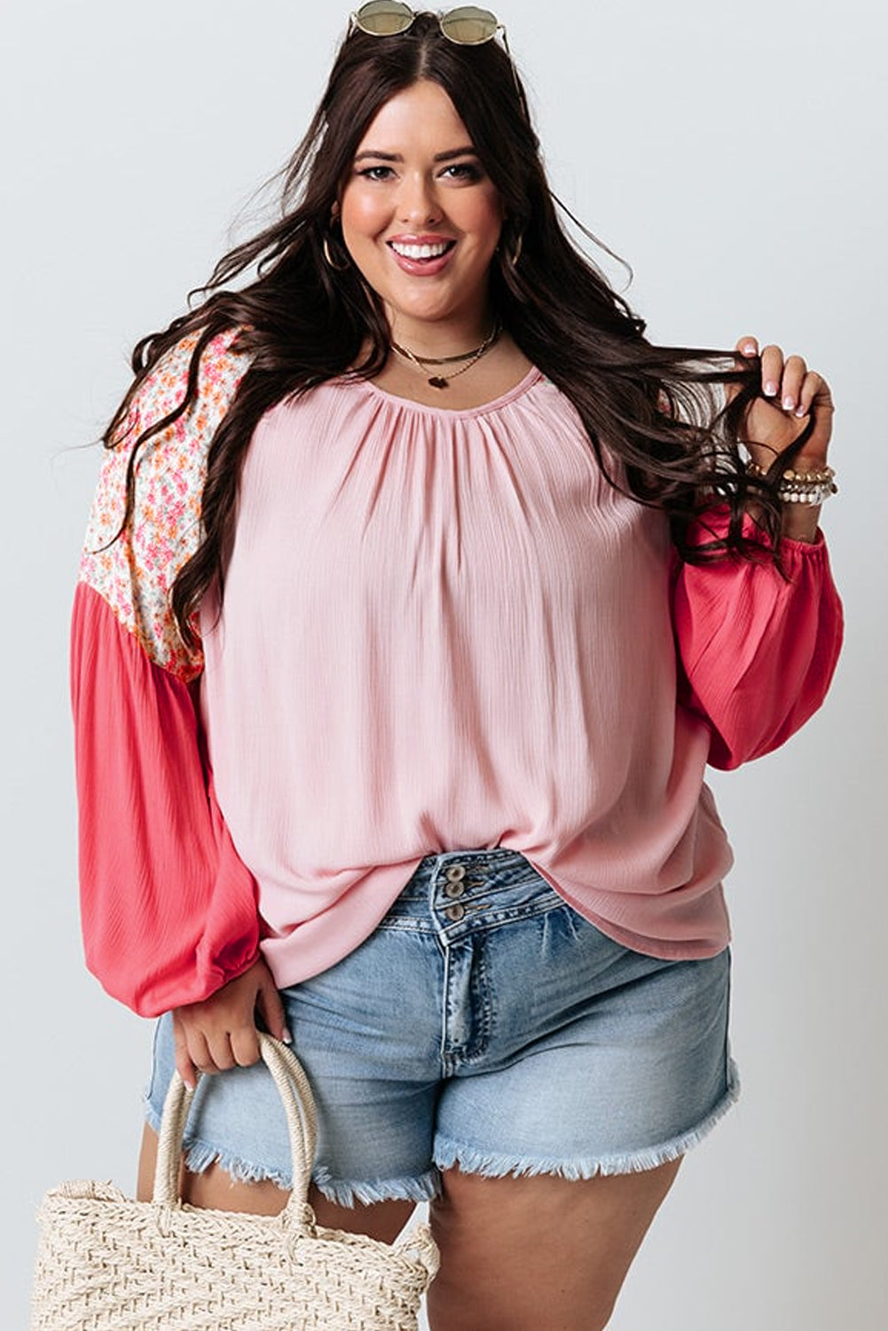 Pink Floral Patchwork Long Sleeve Crinkle Plus Size Blouse - Plus Size Tops