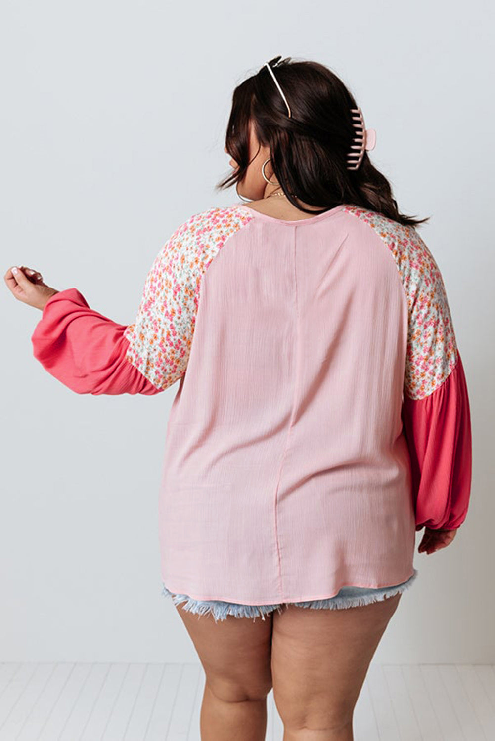 Pink Floral Patchwork Long Sleeve Crinkle Plus Size Blouse - Plus Size Tops