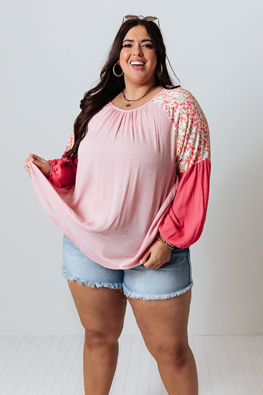 Pink Floral Patchwork Long Sleeve Crinkle Plus Size Blouse - Plus Size Tops